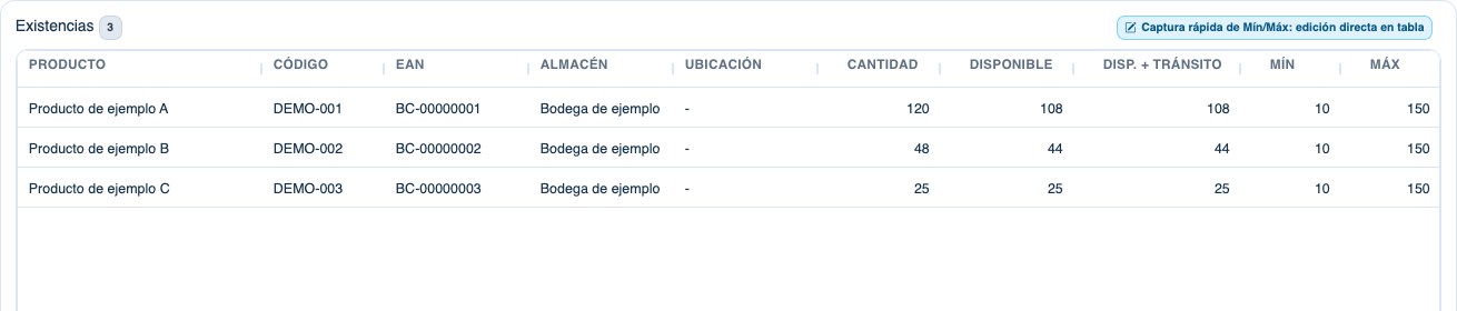 Consulta de existencias en SOLTECHN ERP con productos y cantidades de una bodega de demostración.